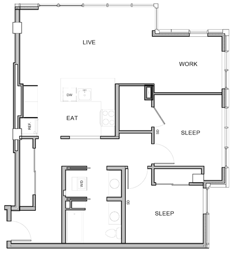 Floor plan for 2 beds, 1 bath, 1090 sqft